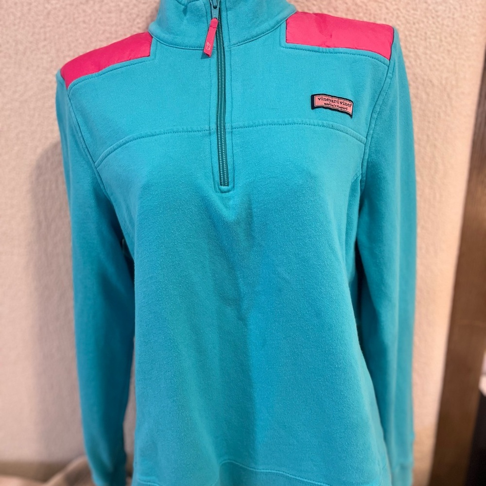 Vineyard Vines Turquoise Quarter-Zip Pullover with Pink Accents